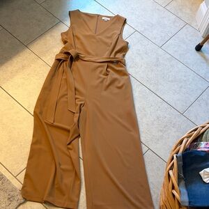 Calvin Klein Camel Sleeveless V-Neck Wide-Leg Jumpsuit with Tie Waist